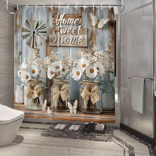 Rustic Floral Shower Curtain - Butterflies & Mason Jars with "Home Sweet Home" Design, Polyester Bathroom Decor